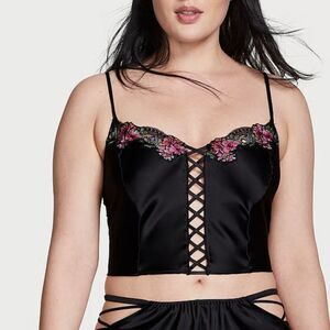 Victoria’s Secret Black Lace-Up Satin Cami with Floral Lace Embroidery Size XL